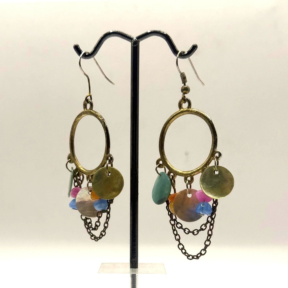 Vintage Boho Mixed Media Dangle Earrings – Brass Tone Hoop Shell Chain Statement